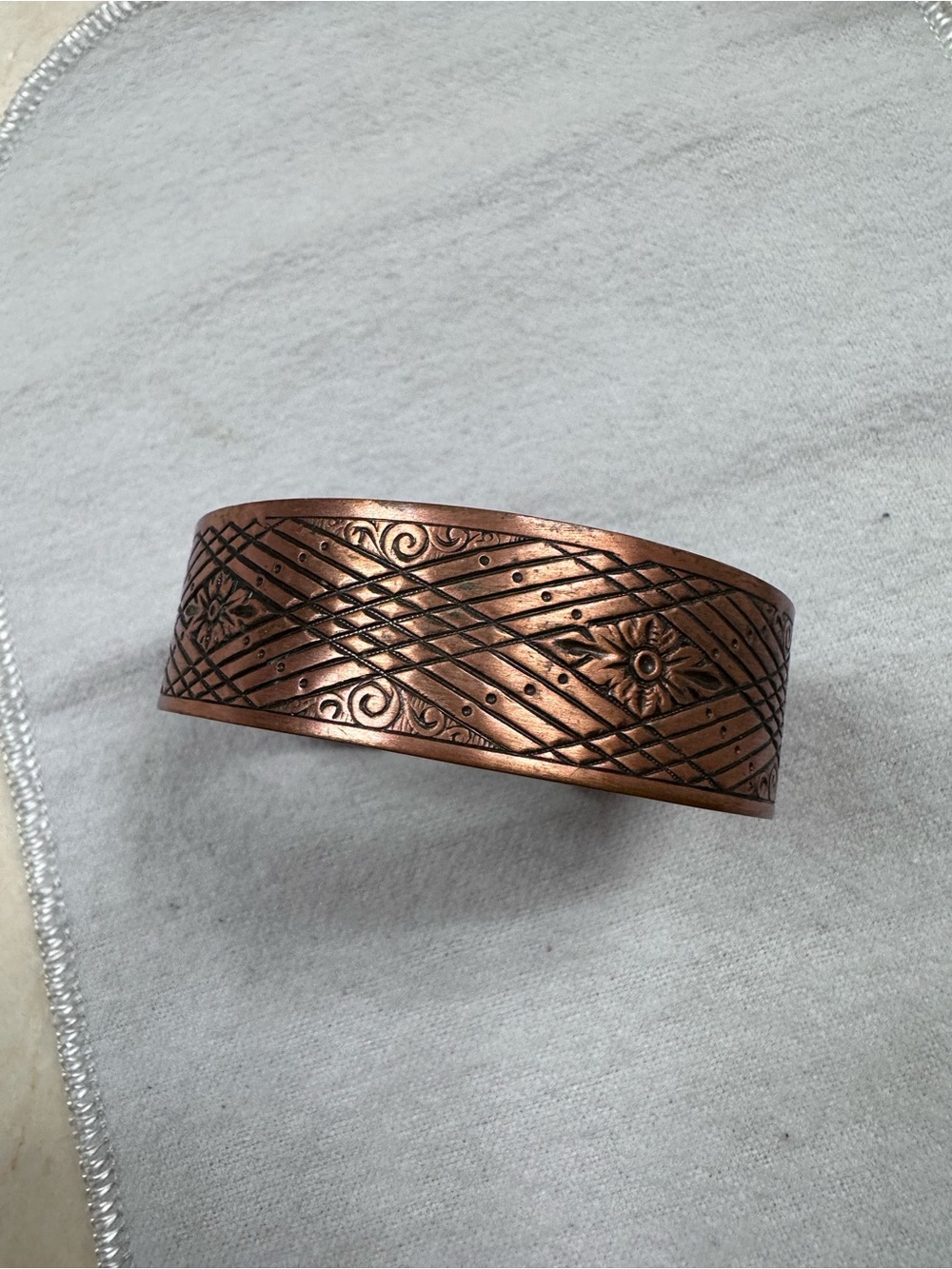 Copper Cuff Bracelet - Floral & Geometric Design